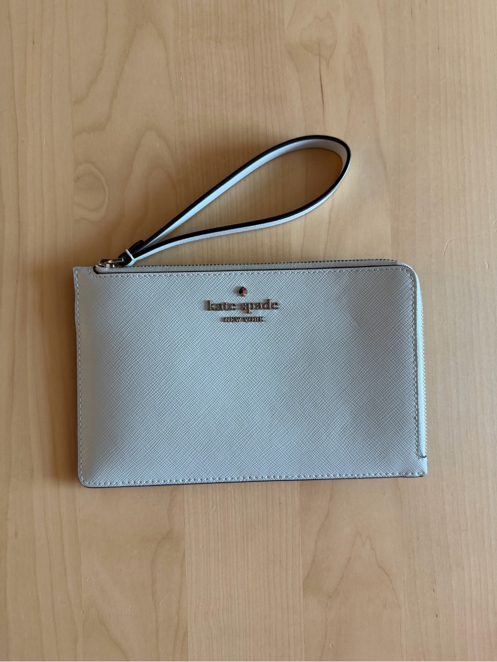 kate spade Light Gray Saffiano Wristlet with Black-Trim Strap